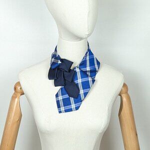 NWT Ogsplosh Women's Silk Ascot Scarf Navy and Blue Plaid Short